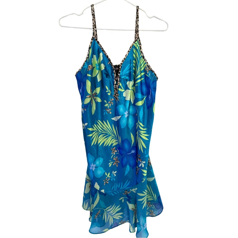 Y2K Vintage Secret Treasures Blue Tropical Floral Slip Dress Leopard Print Trim